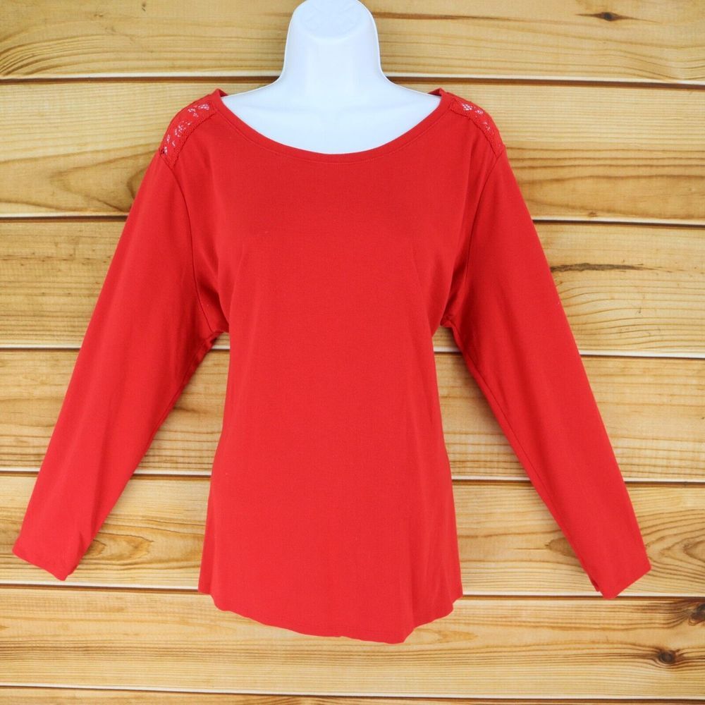 Faded Glory Long Sleeve Shirt Womens Size‎ 2X (18W-20W) Red Lace Accents Comfort
